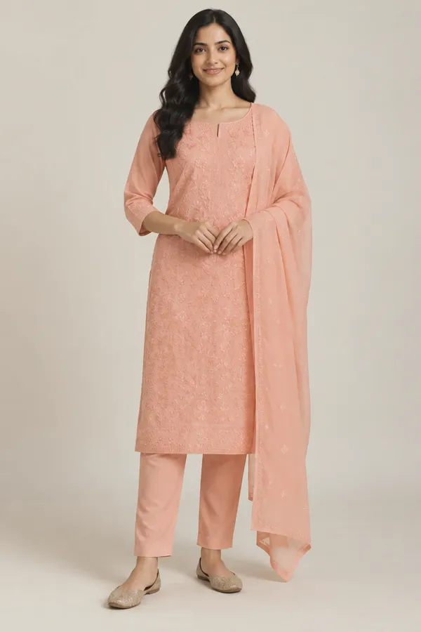 Aisha peach embroidered set — front