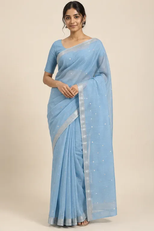 Akash sky-blue Chanderi saree — front