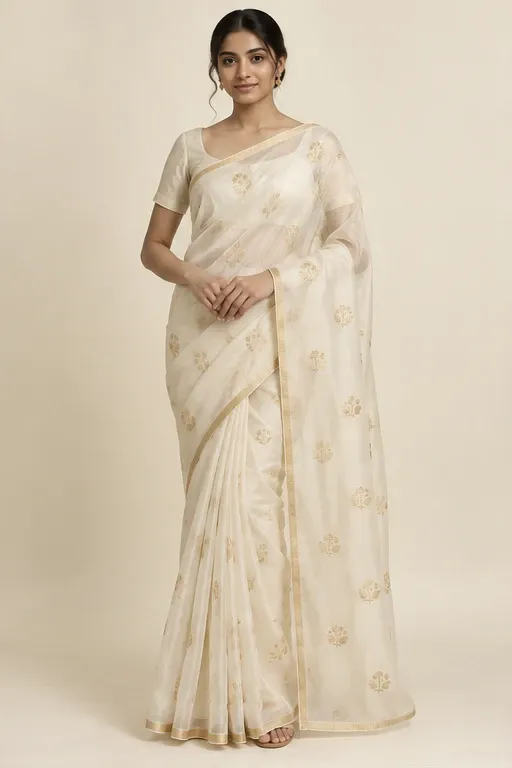 Chandni ivory Chanderi saree — front