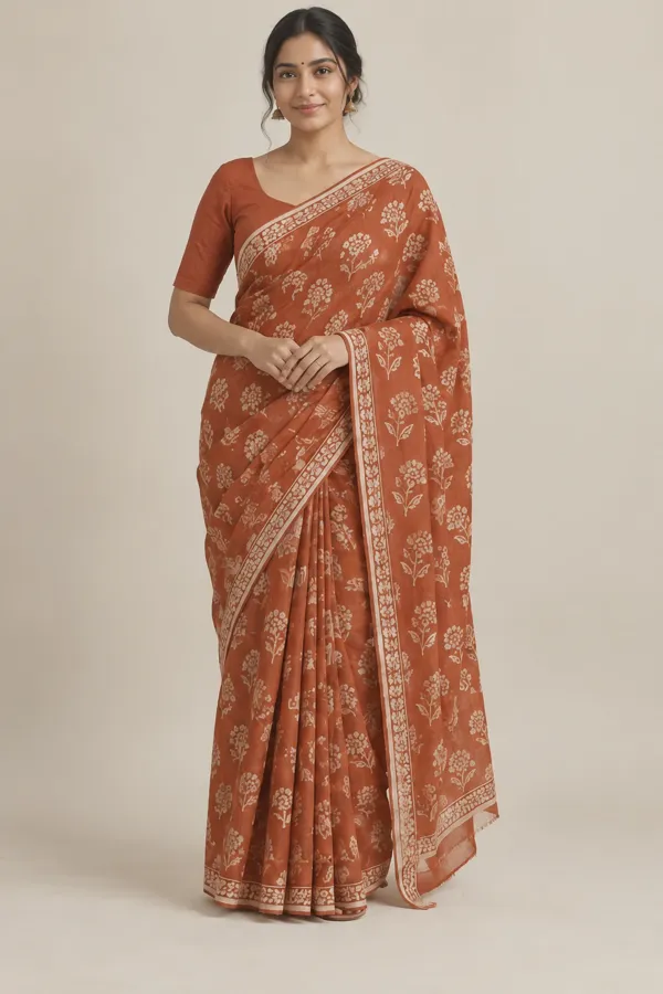 Genda rust cotton saree — front