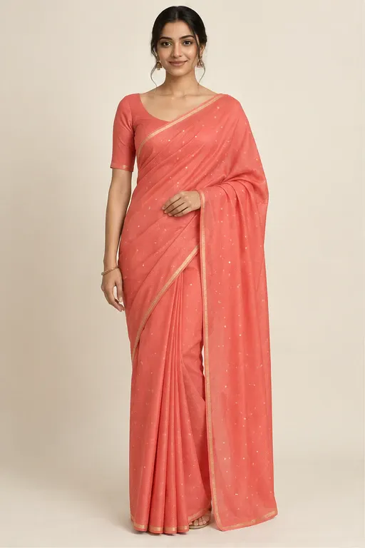 Gulmohar coral silk saree — front