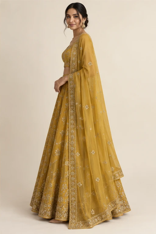 Kanak mustard festive lehenga — design view