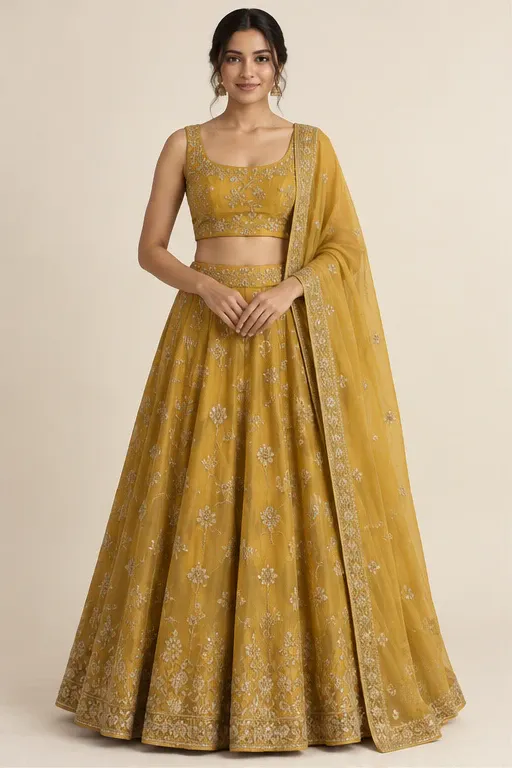 Kanak mustard festive lehenga — front