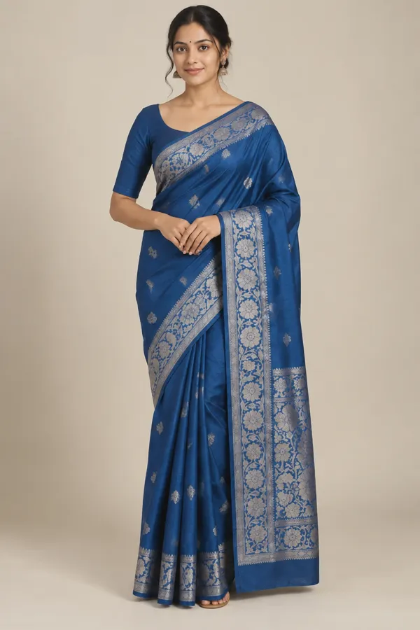 Neelam sapphire silk saree — front