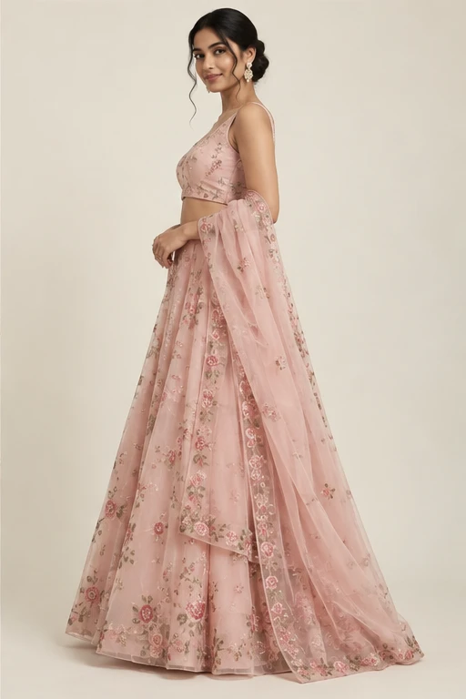 Roohi blush floral lehenga — design view