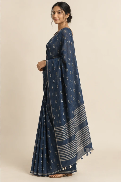 Tara indigo cotton saree — design view