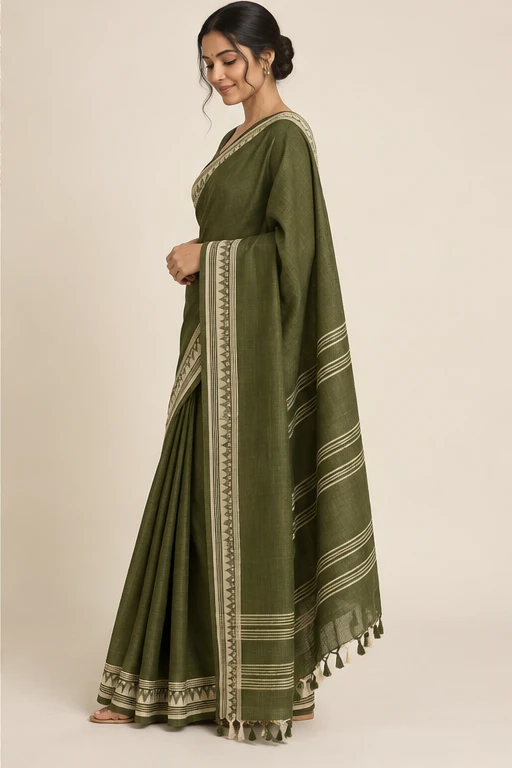 Tulsi olive cotton saree — design view