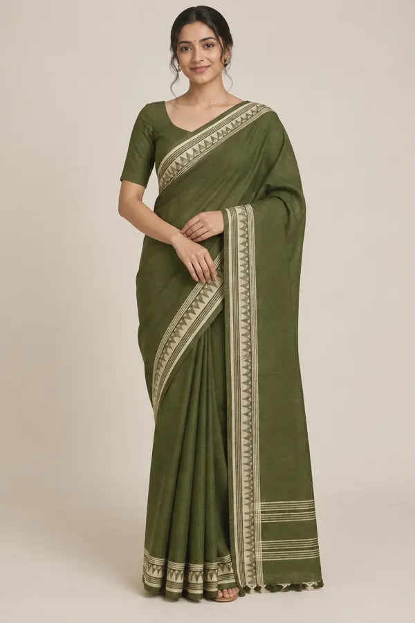Tulsi olive cotton saree — front