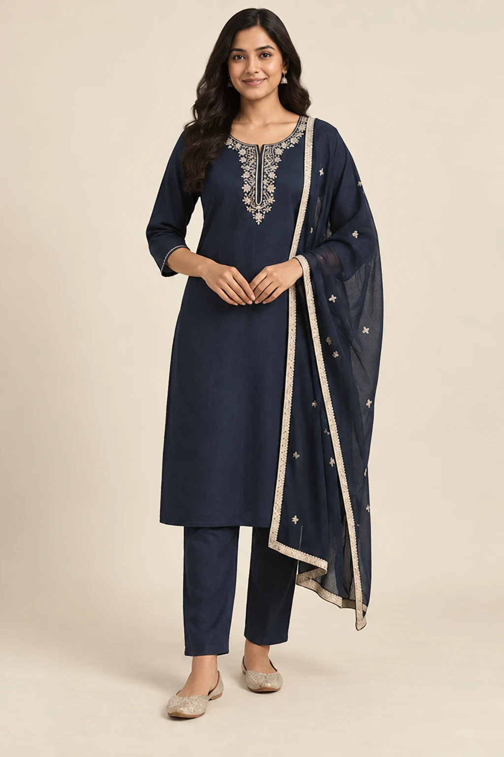 Zoya navy embroidered set — design view
