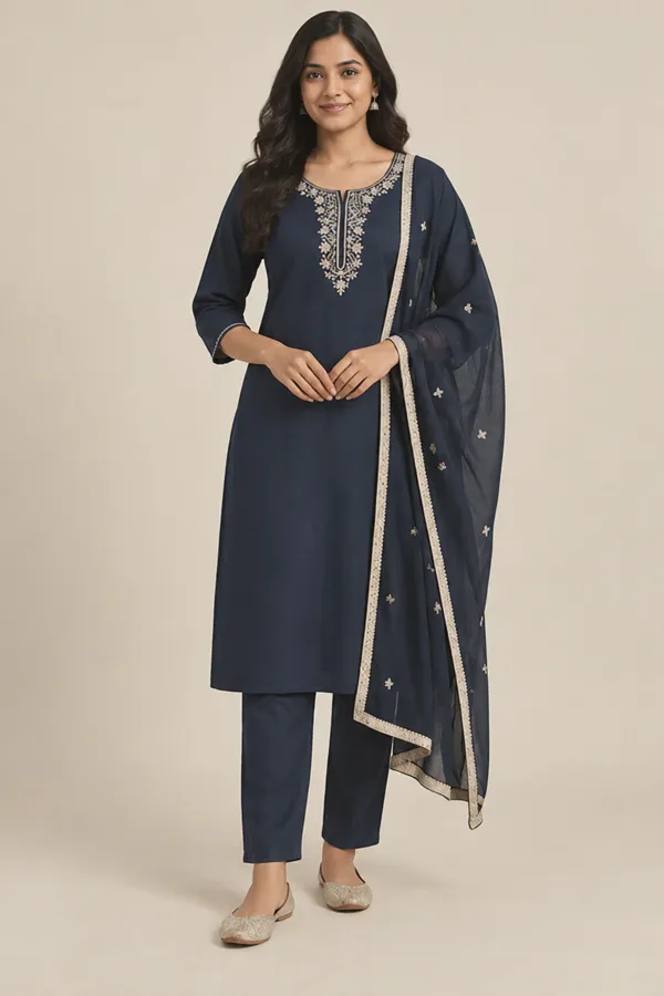 Zoya navy embroidered set — front